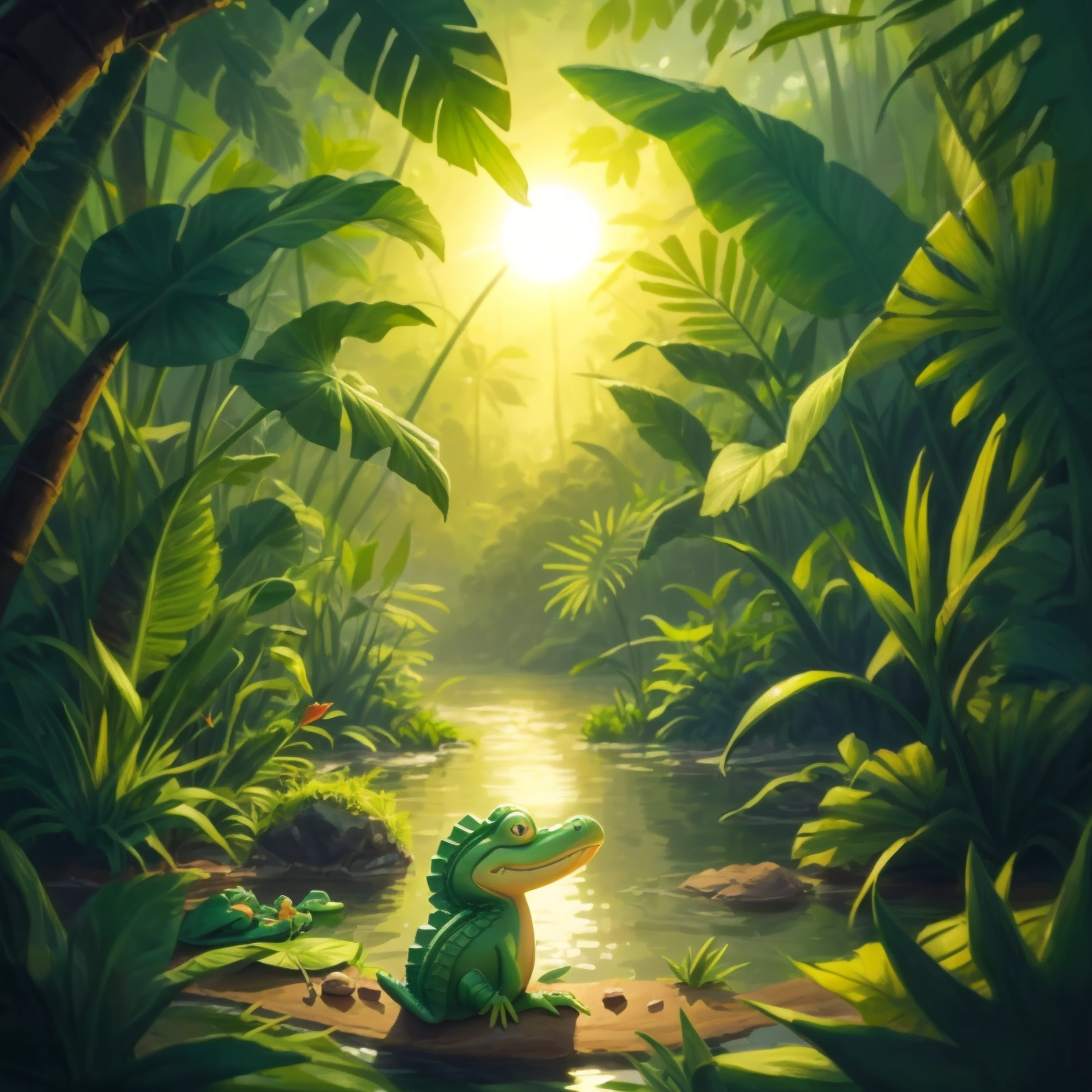 A little crocodile playing with his bird friend